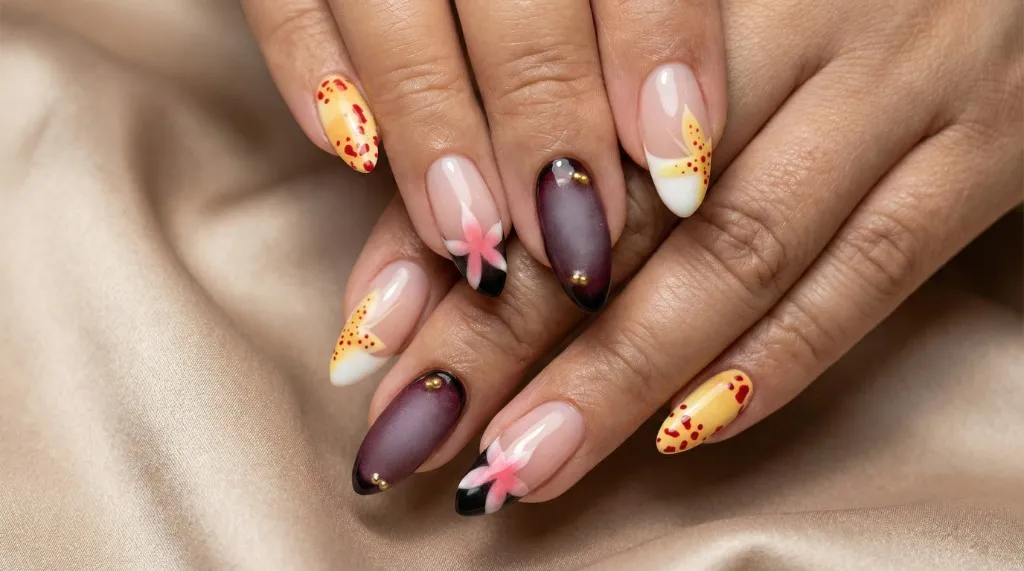 Floral gel nail art by London nail technician