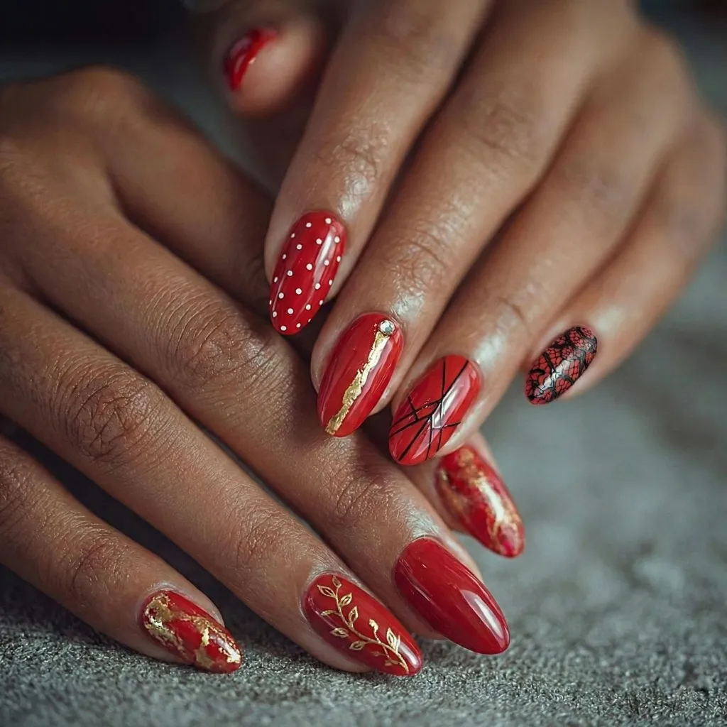 Red and gold gel nail art London